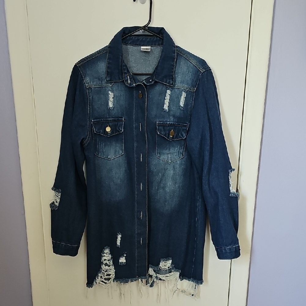 Echo Dark Blue Distressed Denim Shacket